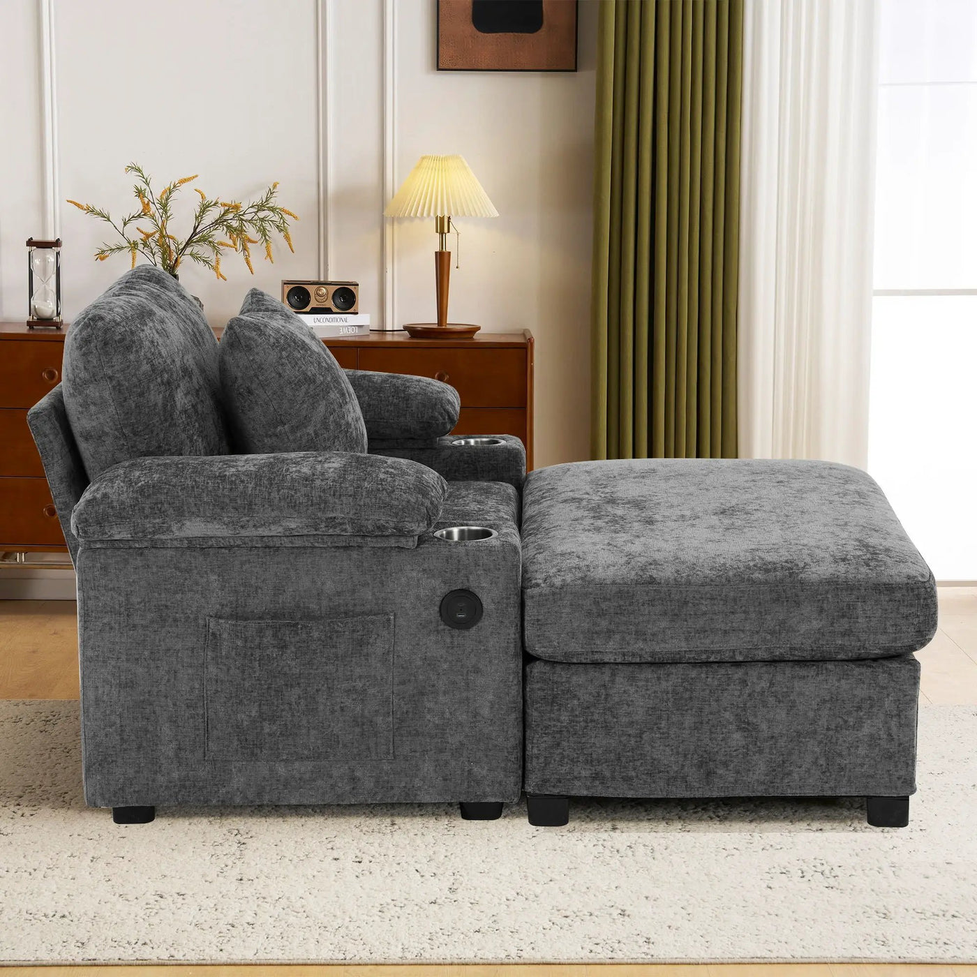 Modern Oversized Chair With Ottoman, Cupholders And USB Charging Ports by Unique Piece Furniture