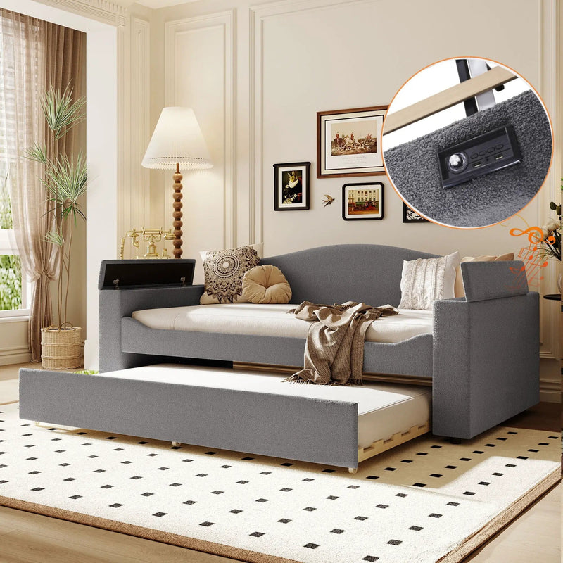 Upholstered Daybed With Storage Armrests, Trundle And Latest Integrated tooth Audio System by Unique Piece Furniture