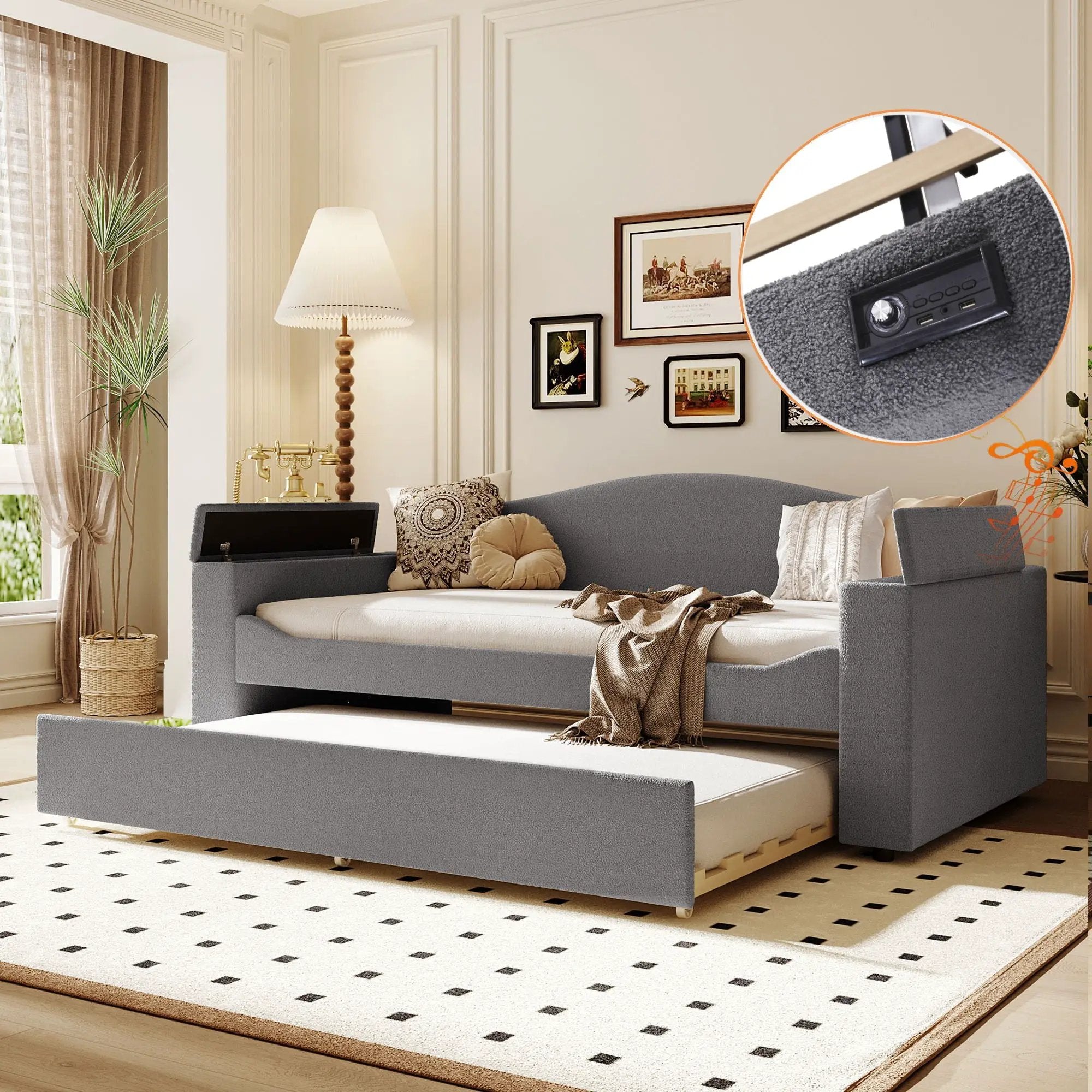 Upholstered Daybed With Storage Armrests, Trundle And Latest Integrated tooth Audio System by HouseOfZazla
