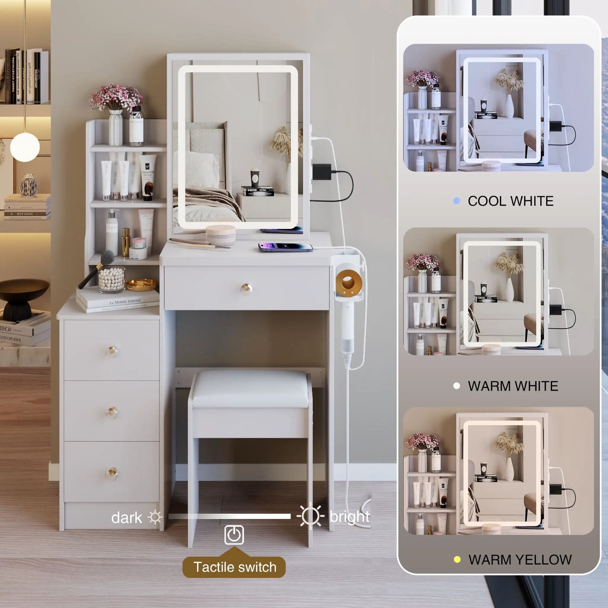 Cabinet Vanity Table & Cushioned Stool, USB Power Station, Hair Dryer Bracket - White by Unique Piece Furniture