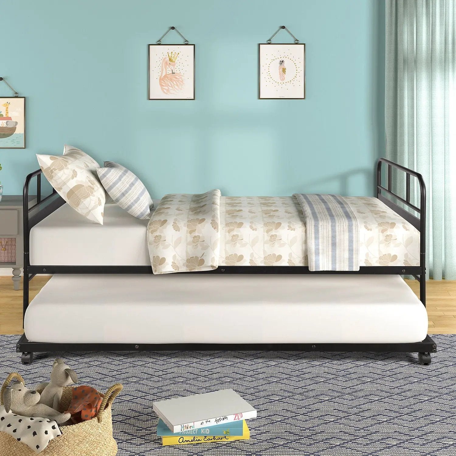 Twin Size Daybed Platform Bed Frame With Trundle Built In Casters - Black by Unique Piece Furniture