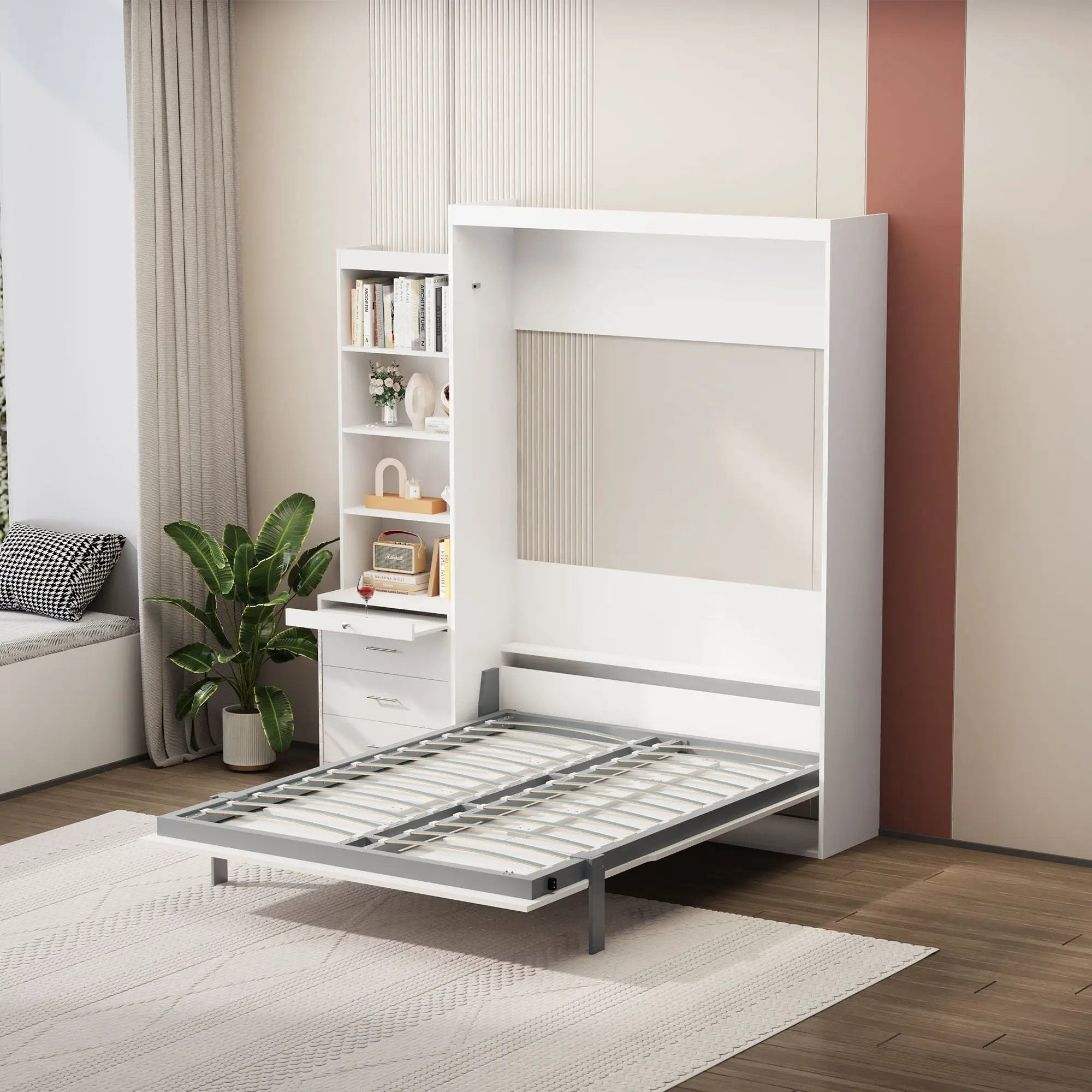 Morden Deisgn Vertical Murphy Bed With Shelf And Drawers For Bedroom Or Guestroom Wall Bed Space Saving Hidden Bed With New Style Gas Struts by HouseOfZazla