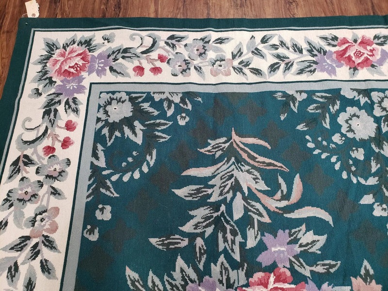 Chinese Needlepoint Rug 8x10, Vintage Green Area Rug, Hand-Woven Flatweave Floral European Design Carpet Wool Handmade 8x 10 Living Room Rug by Jewel Rugs