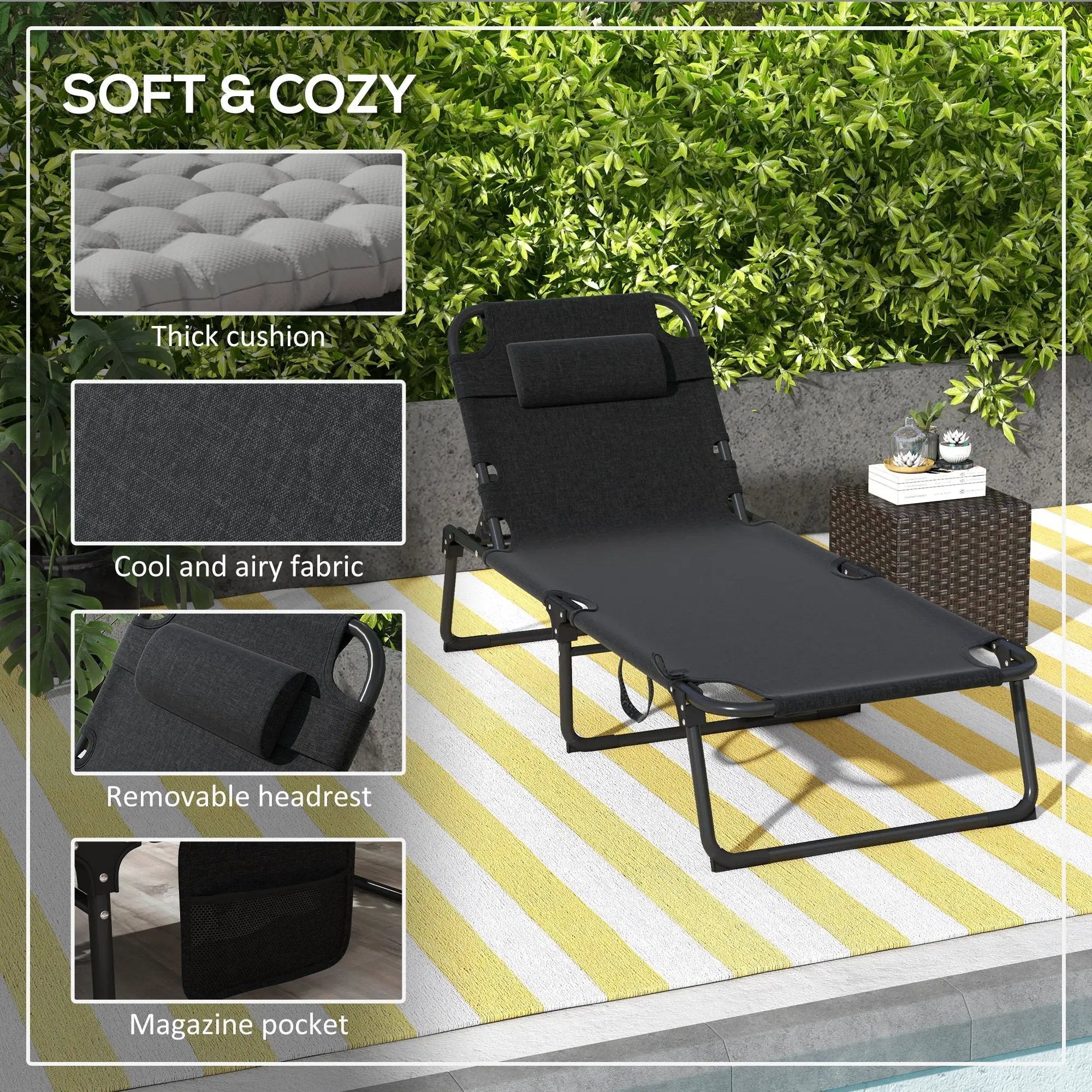Outsunny - Outdoor Chaise, Adjustable Folding Chaise Lounge With 4-Position Backrest, Magazine Pocket, Removable Head Pillow, Sun Bathing Lounger Chair For Patio, Beach - Gray by HouseOfZazla