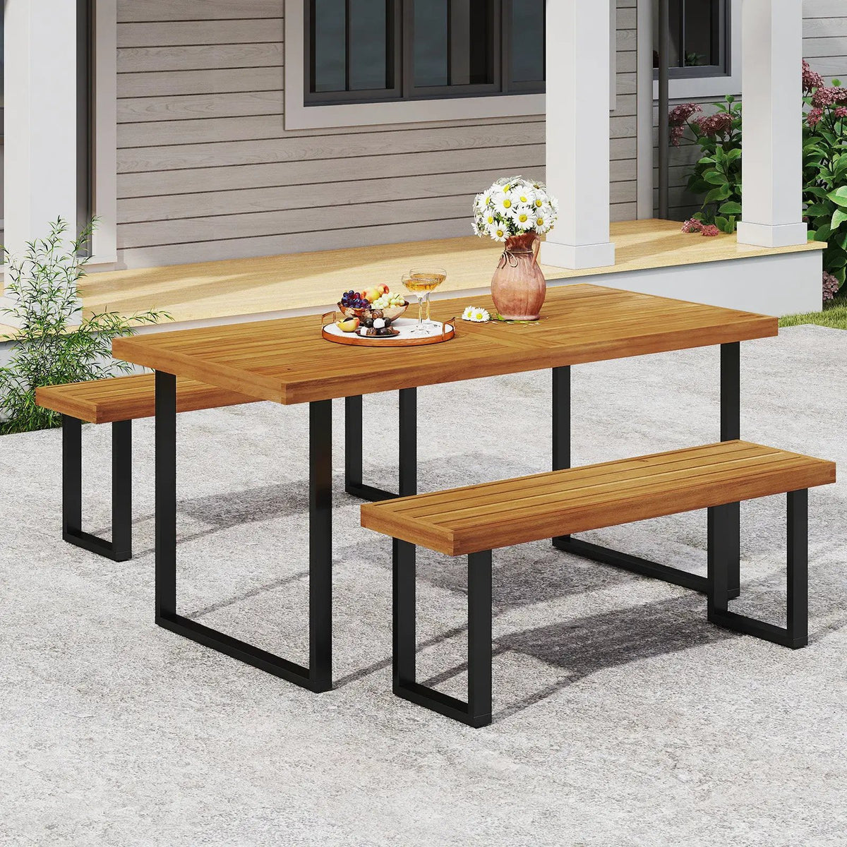 Acacia Wood Outdoor Bench 48 Inch Long Patio Dining Bench, photo 10 of 16