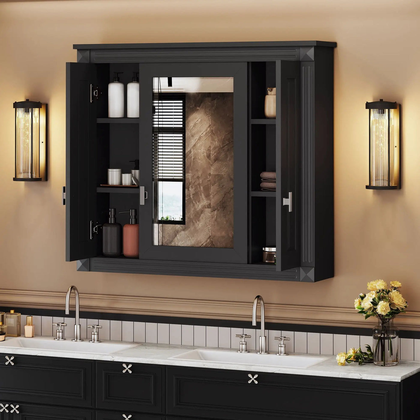 Wall Mounted Bathroom Cabinet With Mirror And 5 Shelves, Rectangular Design by Unique Piece Furniture