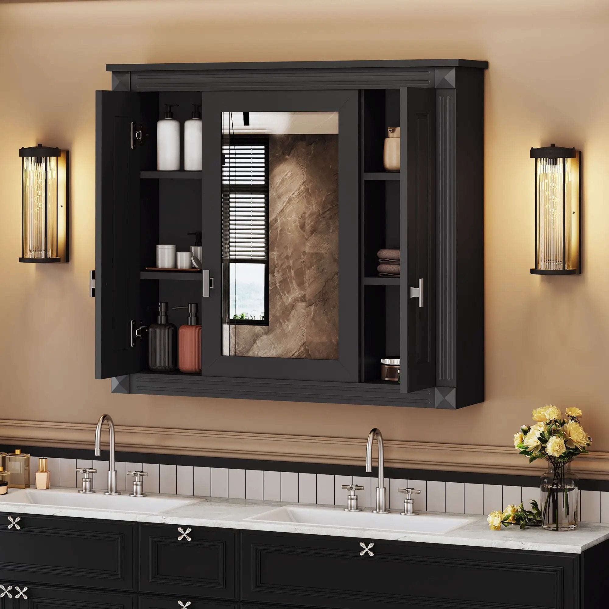 Wall Mounted Bathroom Cabinet With Mirror And 5 Shelves, Rectangular Design by Unique Piece Furniture