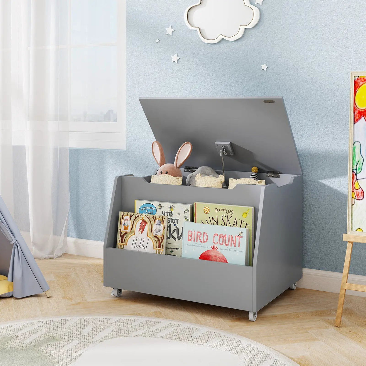 Wooden Mobile Toy Storage Organizer with Bookshelf and Lockable Wheels, photo 2 of 16
