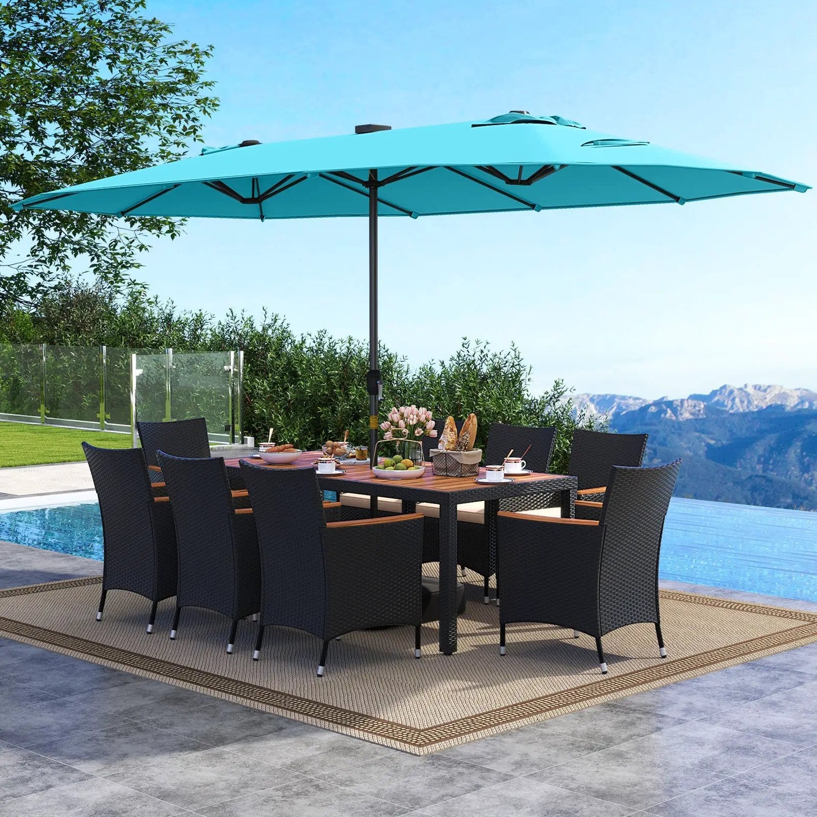 11 Pieces Patio Dining Set with LED Patio Umbrella with Base and Seat Cushions (Beige) by DirectDeals