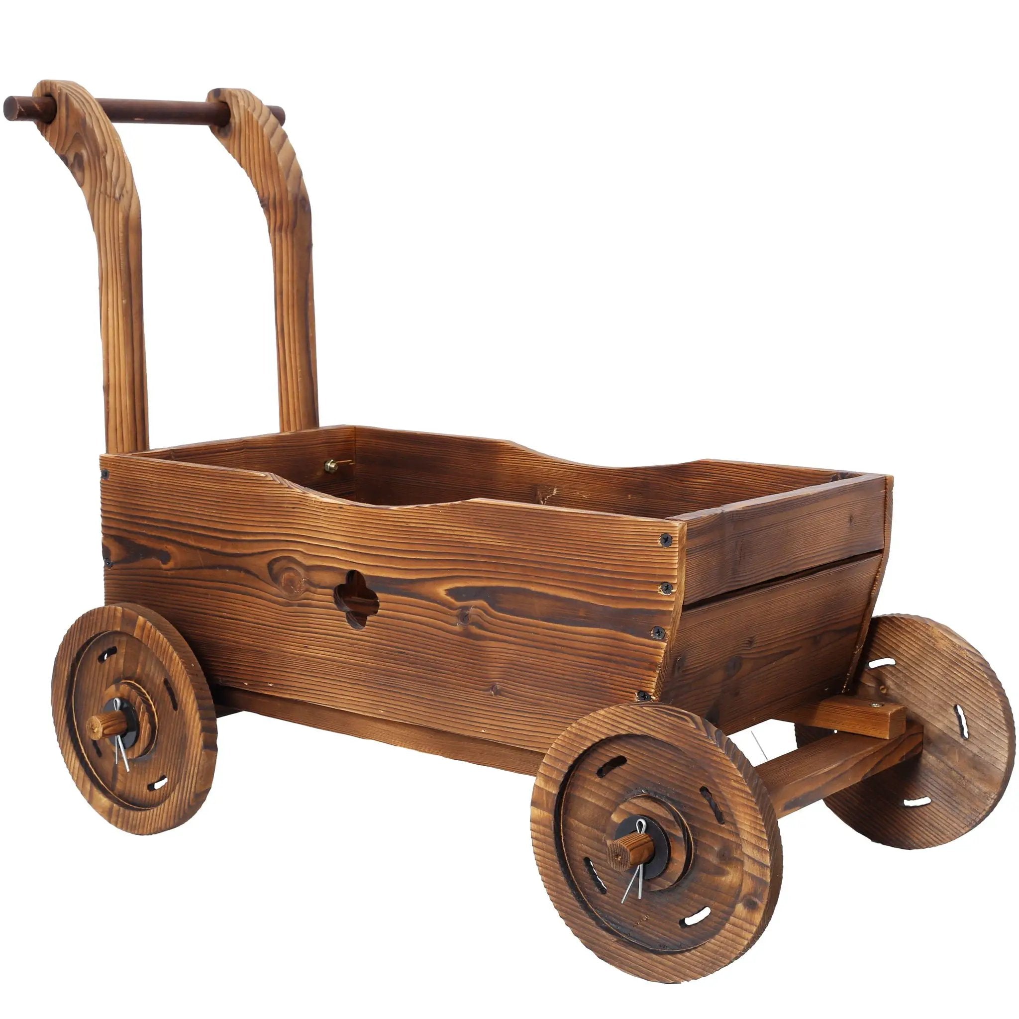 Wooden Wagon Planter Box Mobile Garden Planter With Wheels Handle Drain Hole Wood - Brown by Unique Piece Furniture