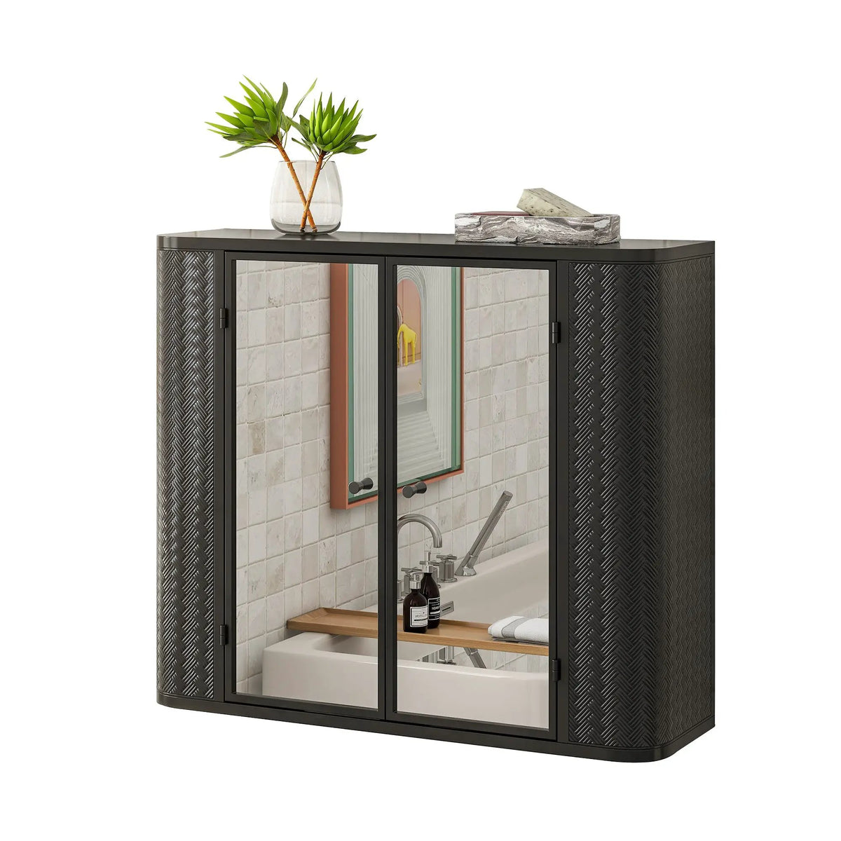 Black Wall-Mounted Bathroom Cabinet with Mirror, 2 Mirrored Doors & Open Shelf, photo 4 of 10