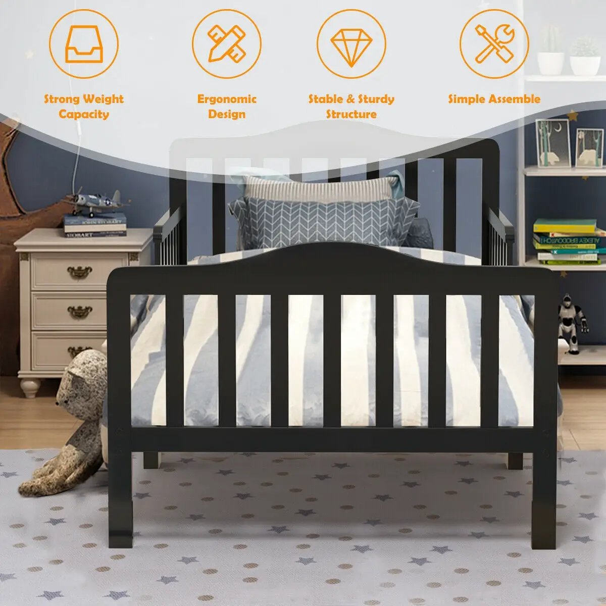 Classic Design Kids Wood Toddler Bed Frame with Two Side Safety Guardrails by DirectDeals