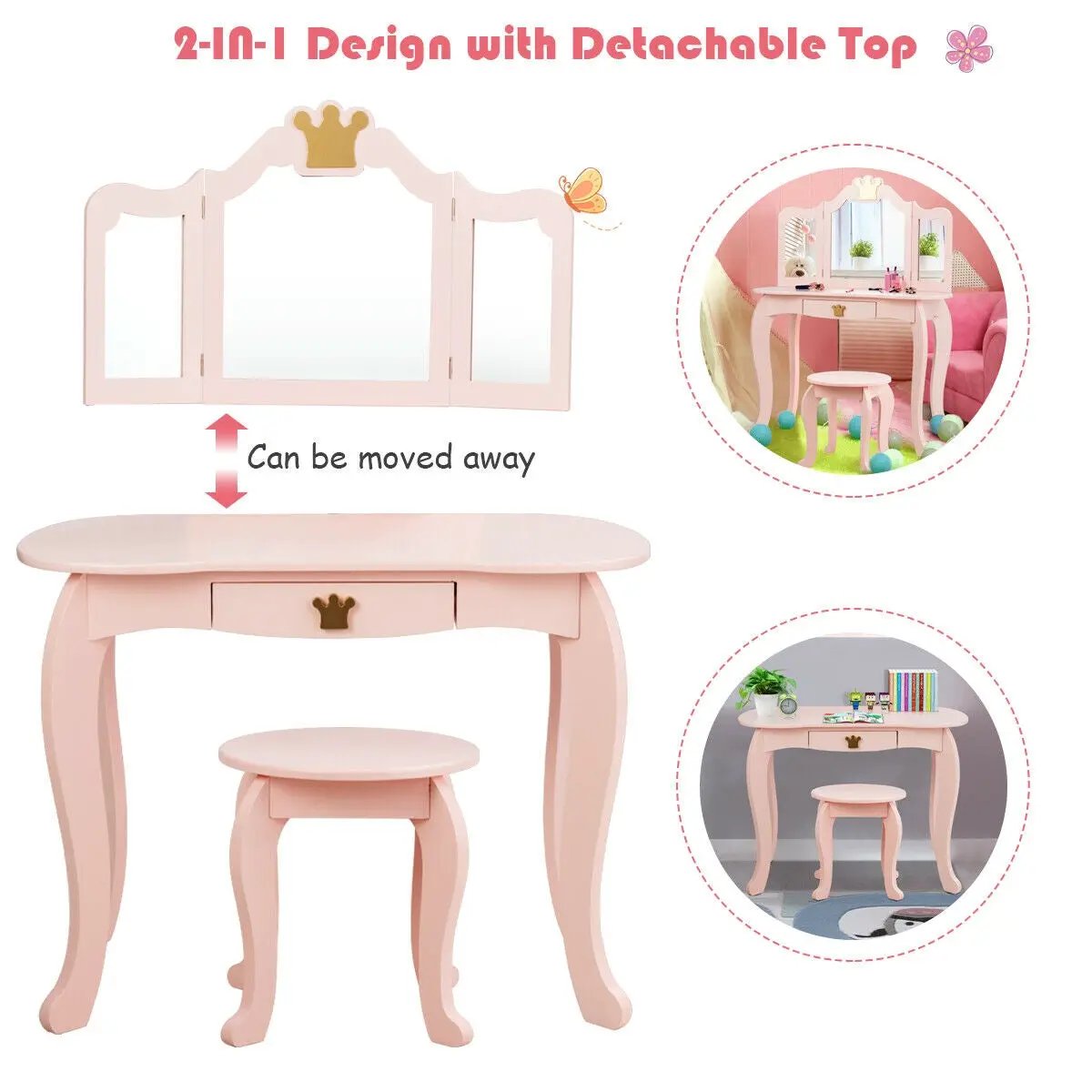 Kids Makeup Dressing Table with Tri-folding Mirror and Stool by DirectDeals