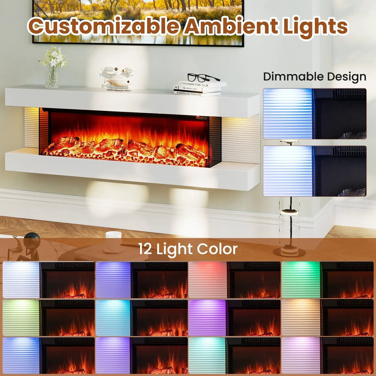 18/36 Inch 3-Sided Wall Mounted Electric Fireplace with 32/50 Inch Wide Floating Mantle by DirectDeals