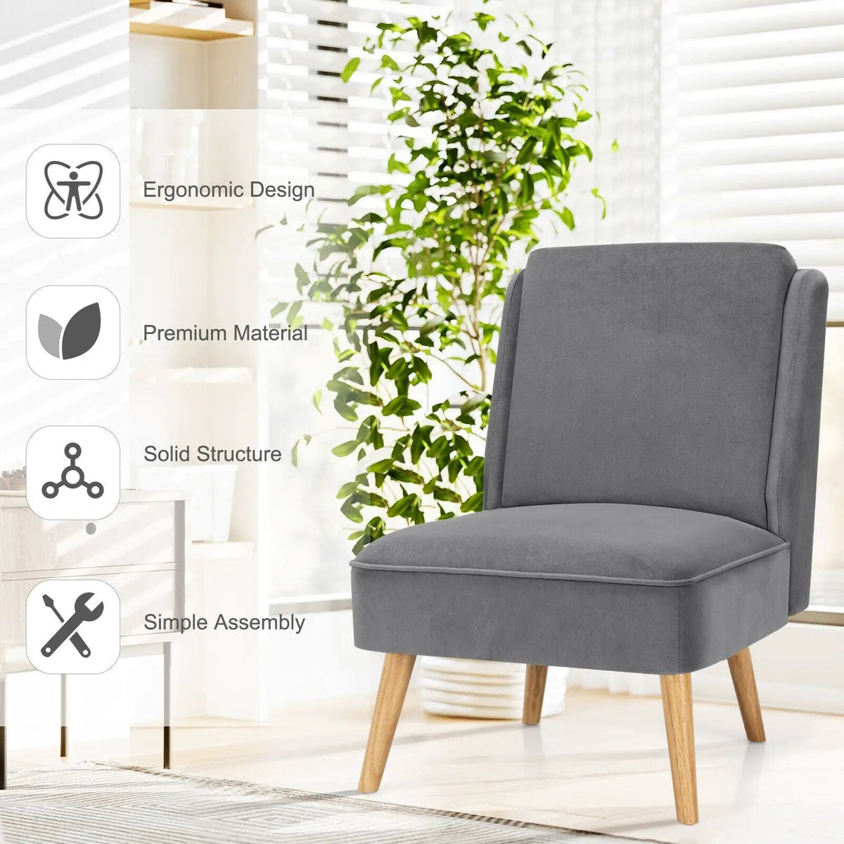 Velvet Accent Armless Side Chair with Rubber Wood Legs for Bedroom, photo 6 of 24