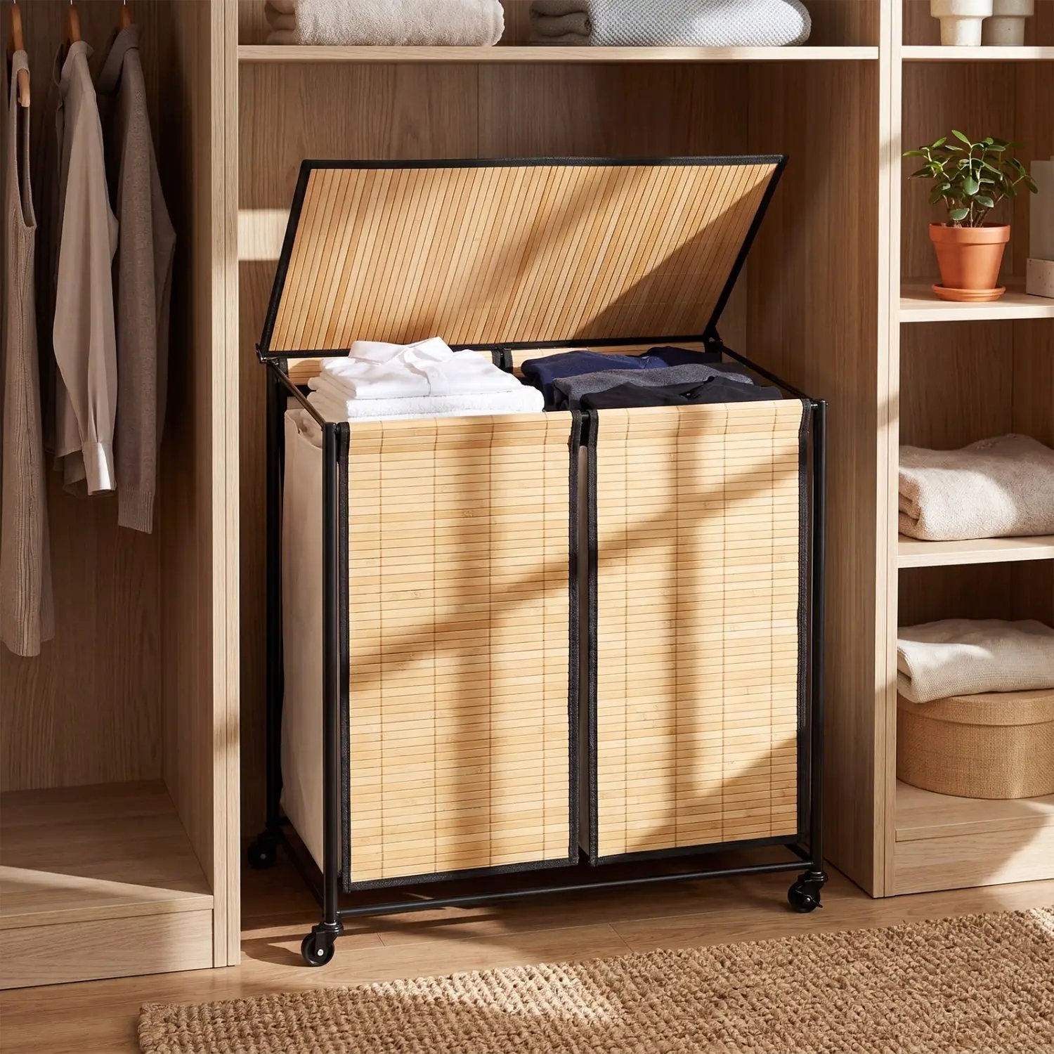 2-Section Laundry Hamper with Lid and Wheels, 18.5 Gal by DirectDeals
