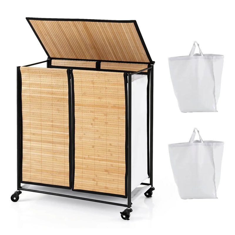 2-Section Laundry Hamper with Lid and Wheels, 18.5 Gal by DirectDeals