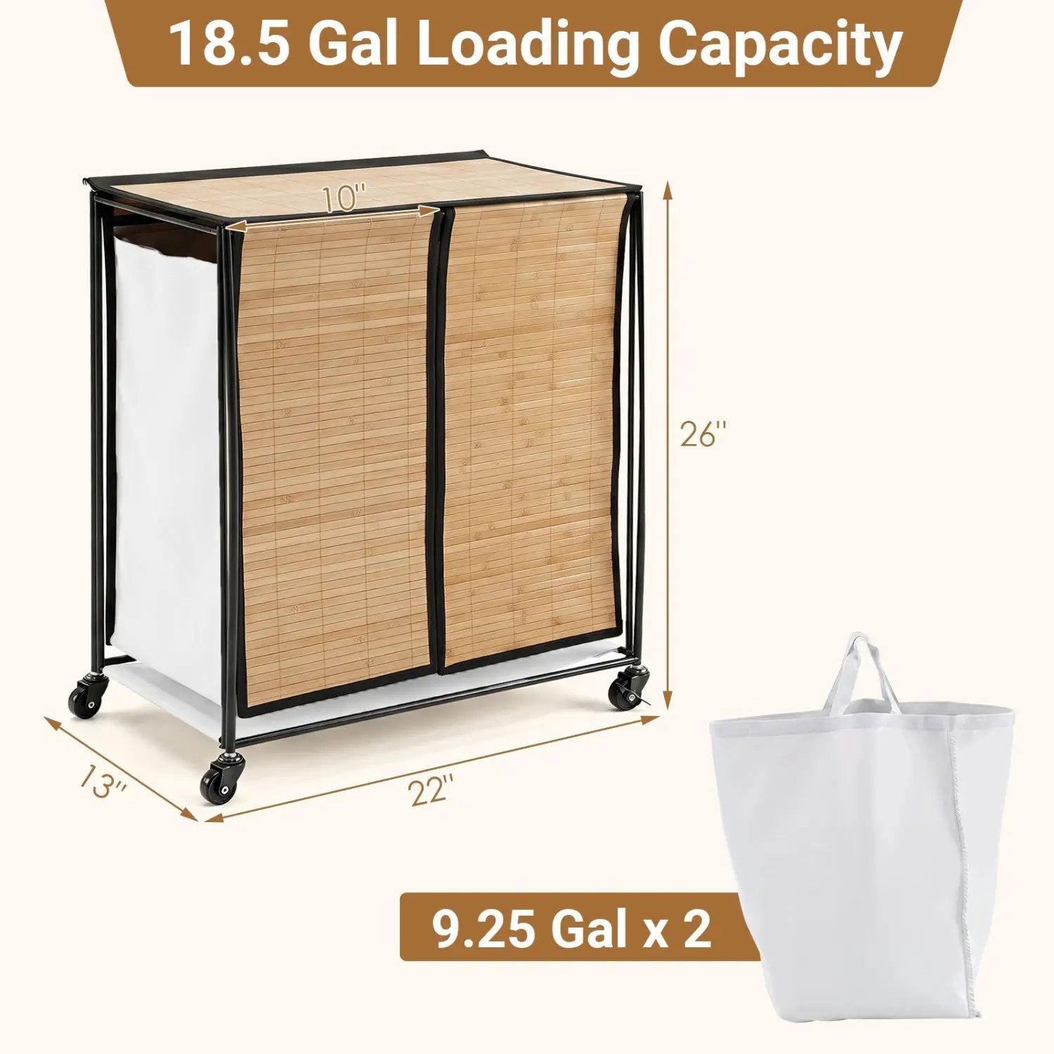 2-Section Laundry Hamper with Lid and Wheels, 18.5 Gal by DirectDeals