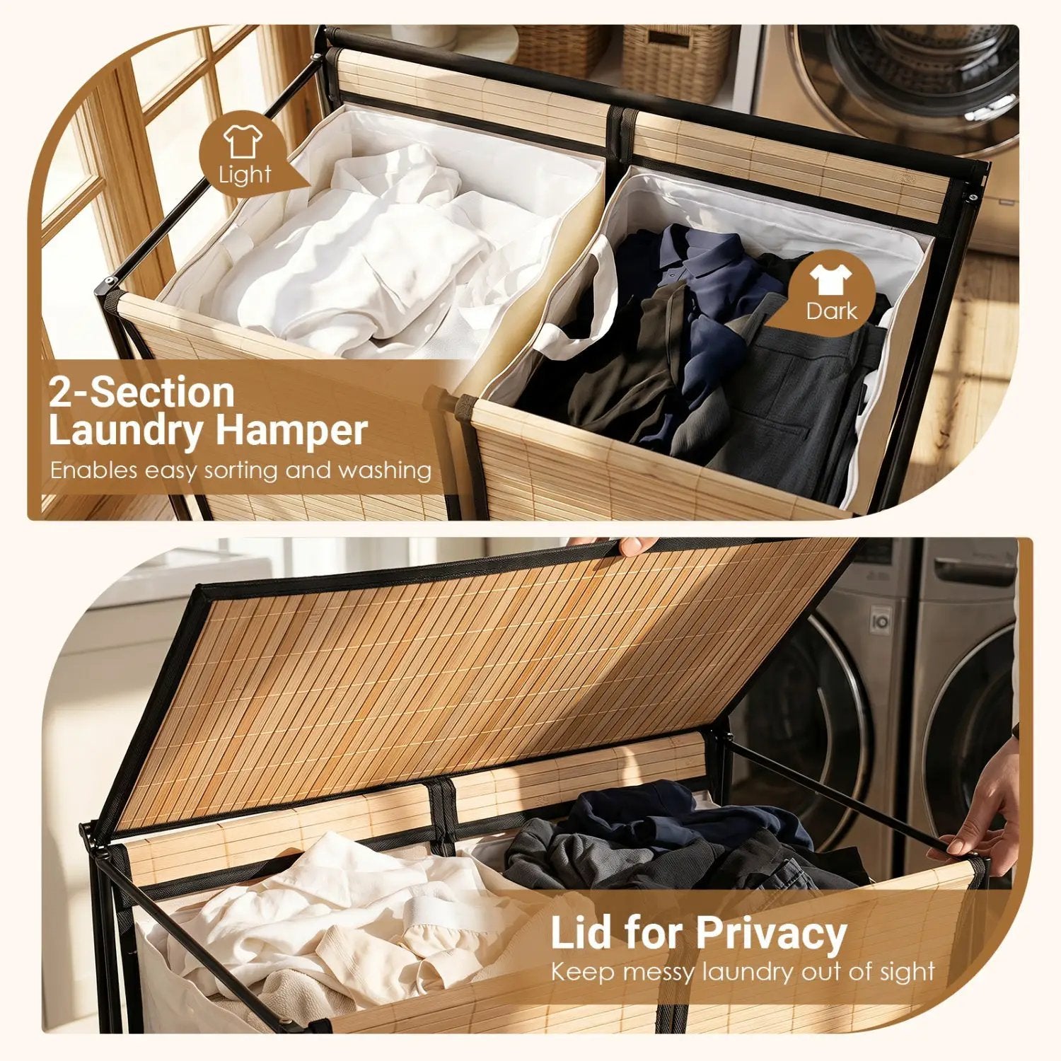 2-Section Laundry Hamper with Lid and Wheels, 18.5 Gal by DirectDeals