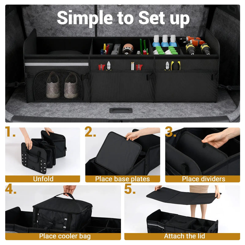 18 Gal Car Trunk Organizer with Lid 3-Compartment Portable Storage Box-Black by DirectDeals