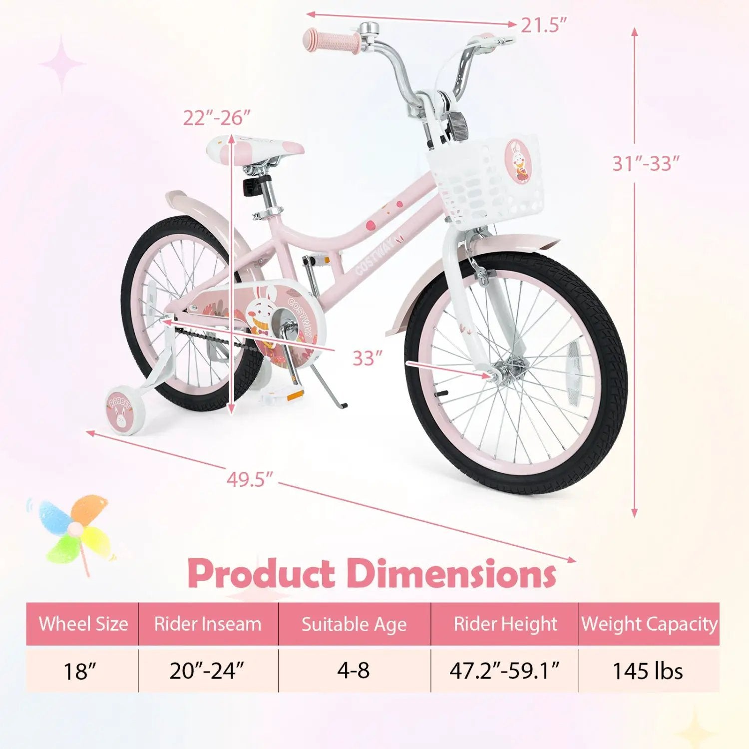 18 Inch Kids Bike with Training Wheels and Front Basket by DirectDeals
