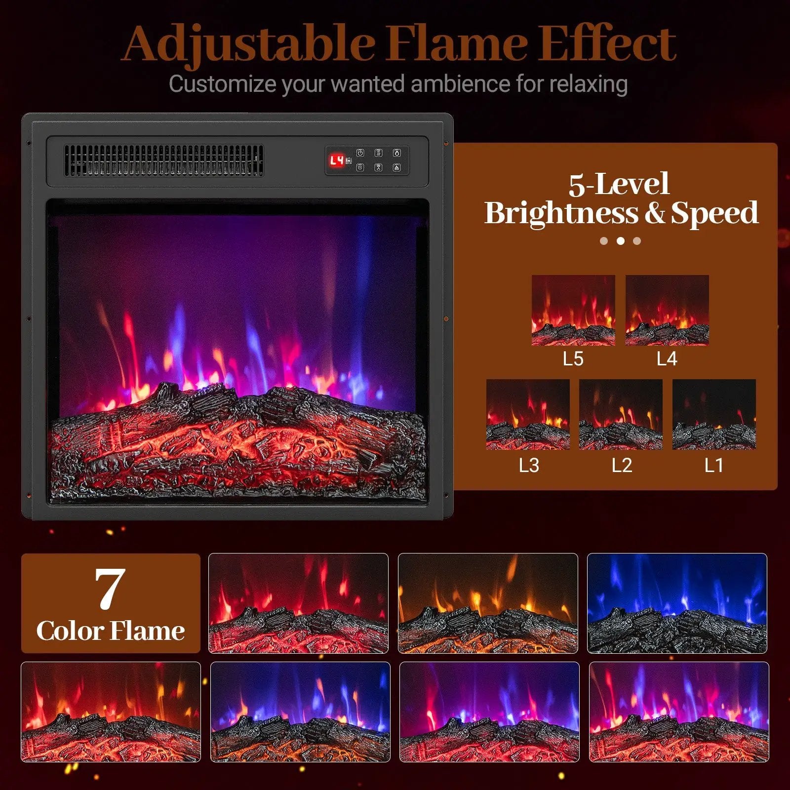 18 Inch Electric Fireplace Insert with Remote Control and 7 Realistic Flame Colors by DirectDeals