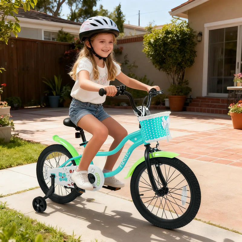 12/14/16 Inch Kids Bike with Training Wheels and Basket Green Color by DirectDeals