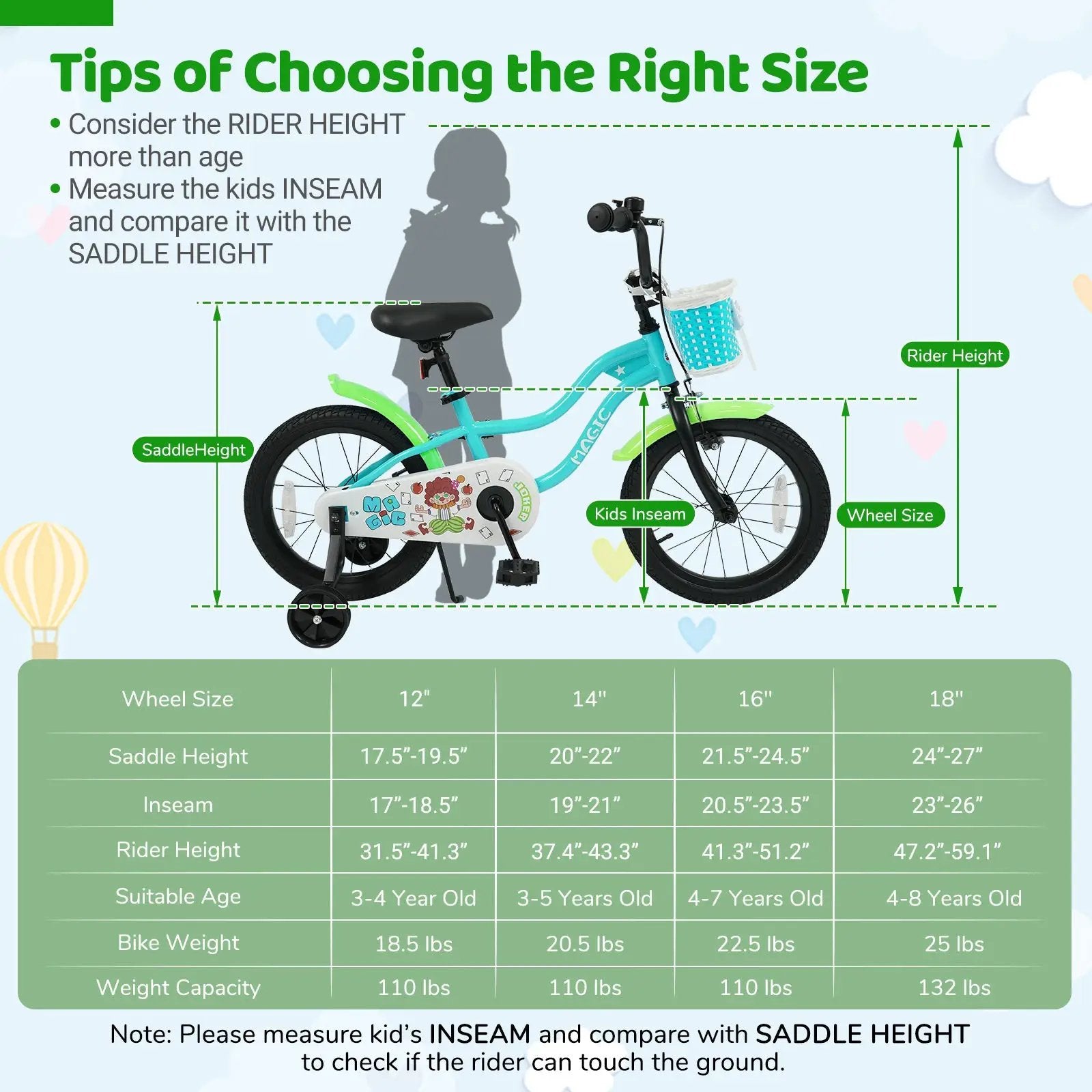 12/14/16 Inch Kids Bike with Training Wheels and Basket Green Color by DirectDeals