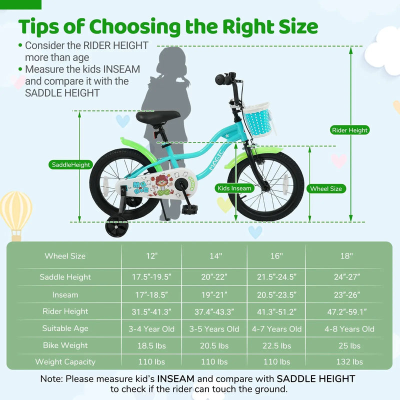 12/14/16 Inch Kids Bike with Training Wheels and Basket Green Color by DirectDeals