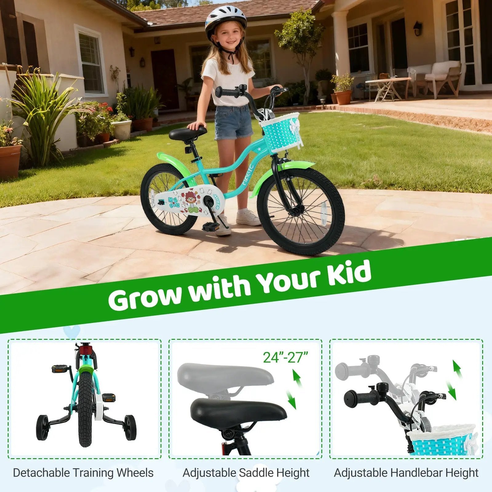 12/14/16 Inch Kids Bike with Training Wheels and Basket Green Color by DirectDeals