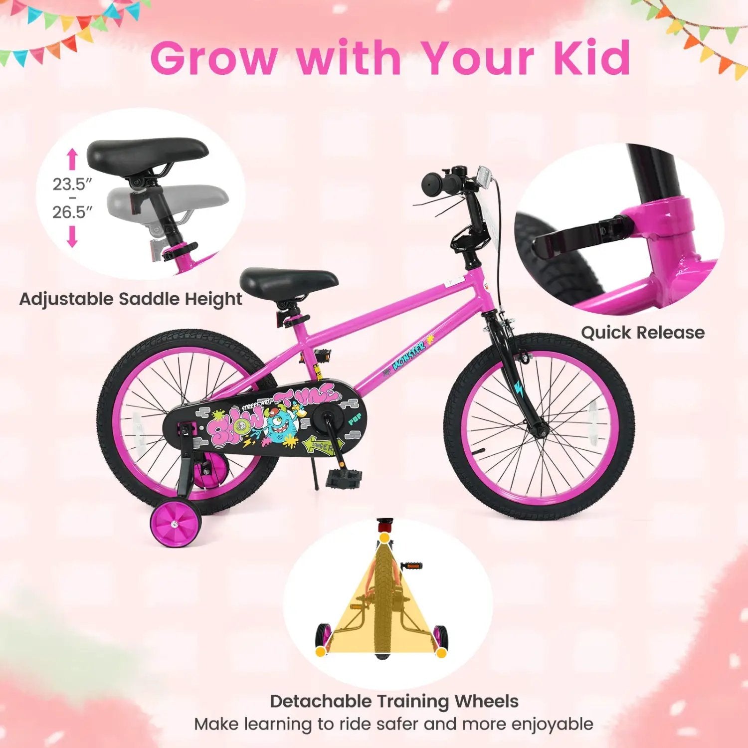 Kids Bike with Training Wheels 12-18 Inch Pink by DirectDeals