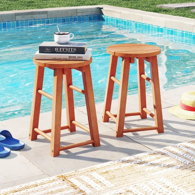 18-Inch Outdoor Wood Bar Stools Set of 2 with Round Seat and Footrest by DirectDeals