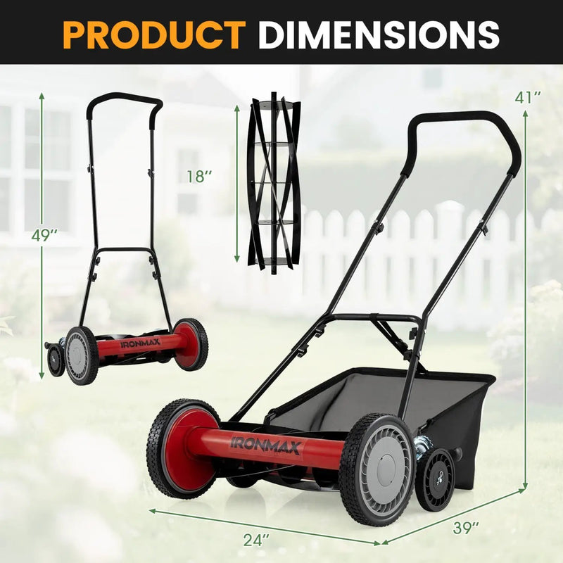 18 Inch Push Reel Lawn Mower 4-Position Adjustable with Removable Grass Catcher by DirectDeals