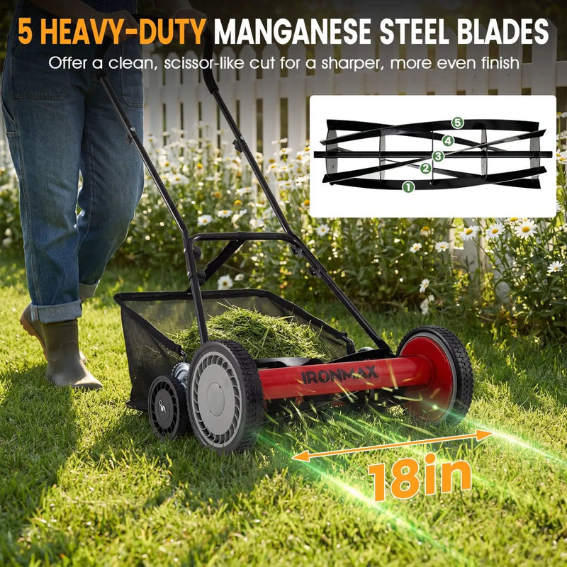 18 Inch Push Reel Lawn Mower 4-Position Adjustable with Removable Grass Catcher by DirectDeals