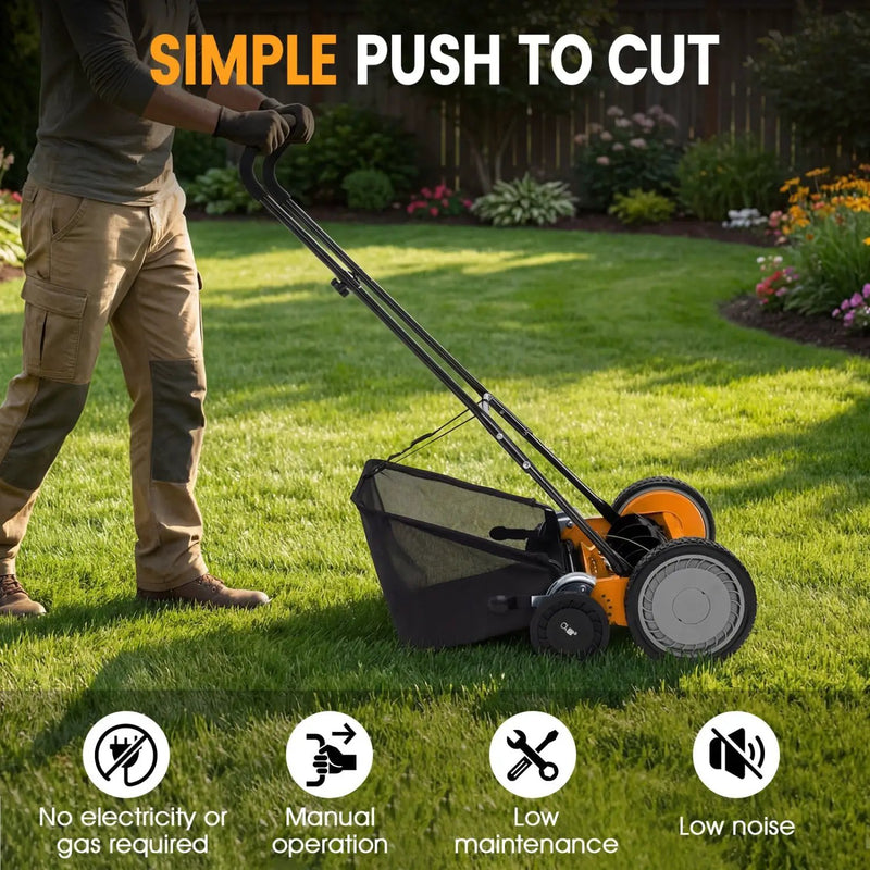 18 Inch Push Reel Lawn Mower 4-Position Adjustable with Removable Grass Catcher by DirectDeals