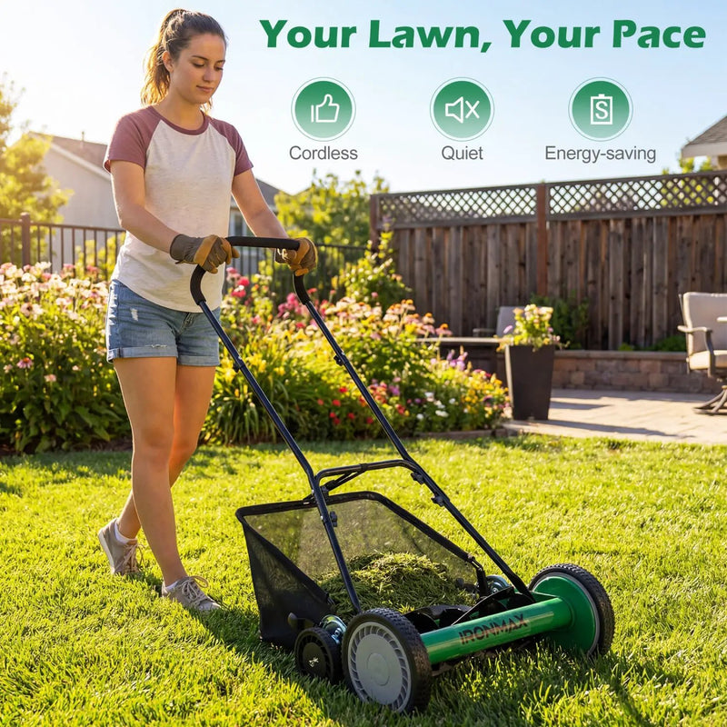 18 Inch Push Reel Lawn Mower 4-Position Adjustable with Removable Grass Catcher by DirectDeals
