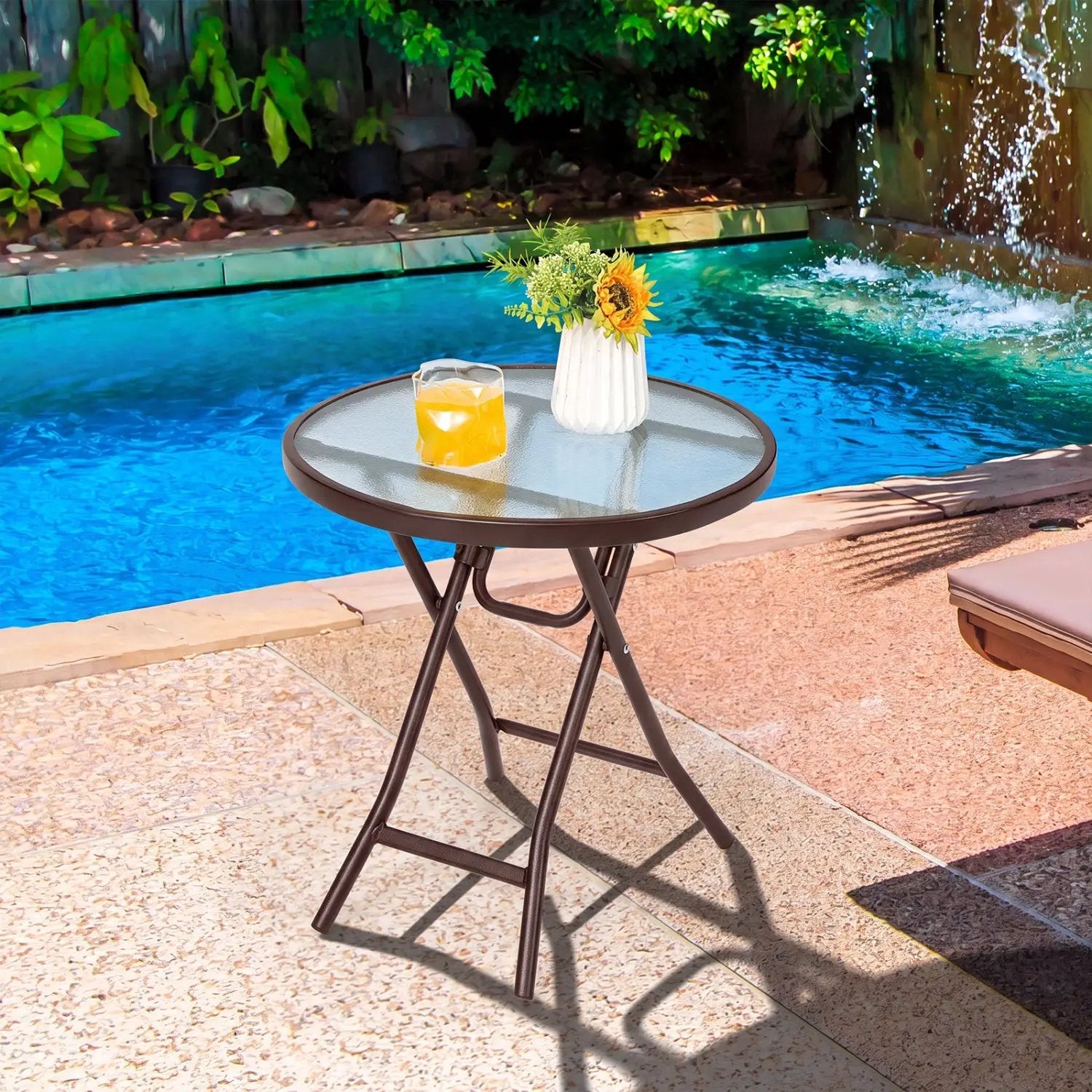 18" Round Folding Patio Side Table with Tempered Glass Top by DirectDeals