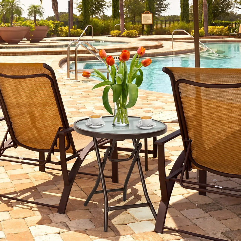 18" Round Folding Patio Side Table with Tempered Glass Top by DirectDeals