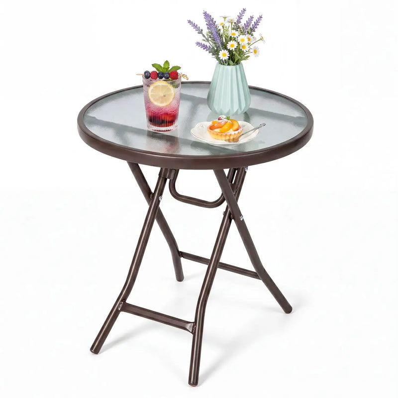 18" Round Folding Patio Side Table with Tempered Glass Top by DirectDeals