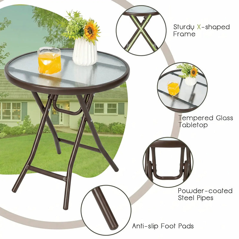18" Round Folding Patio Side Table with Tempered Glass Top by DirectDeals