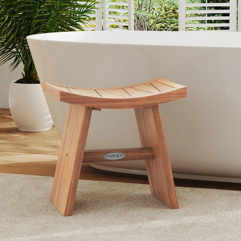 18 Inch Teak Wood Shower Bench with Curved Seat for Bathroom by DirectDeals