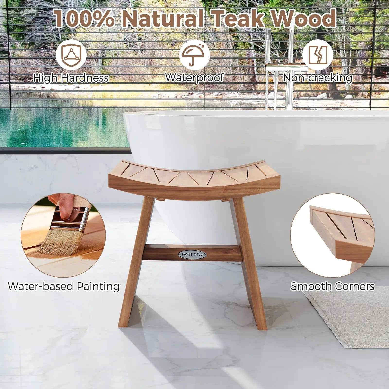 18 Inch Teak Wood Shower Bench with Curved Seat for Bathroom by DirectDeals