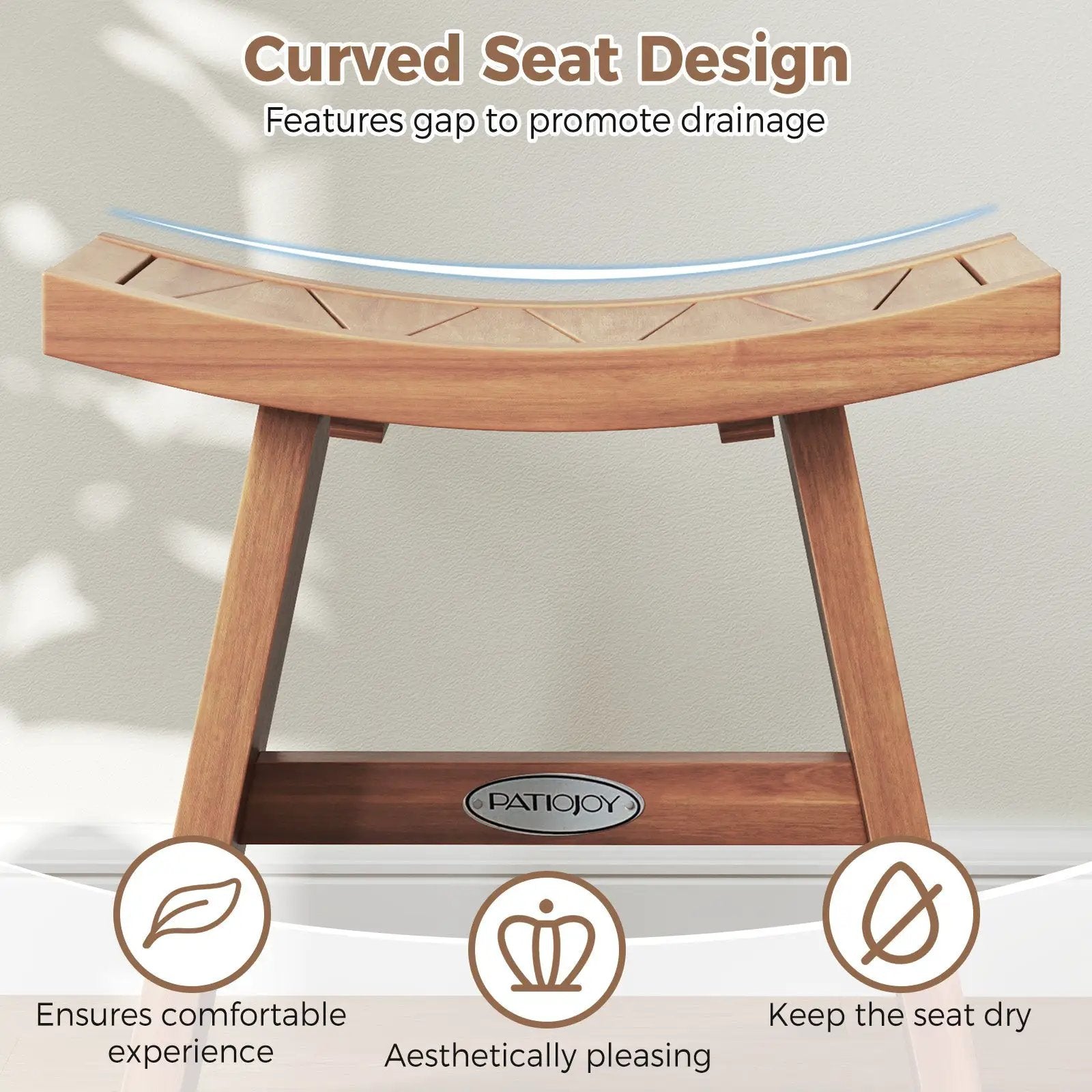 18 Inch Teak Wood Shower Bench with Curved Seat for Bathroom by DirectDeals
