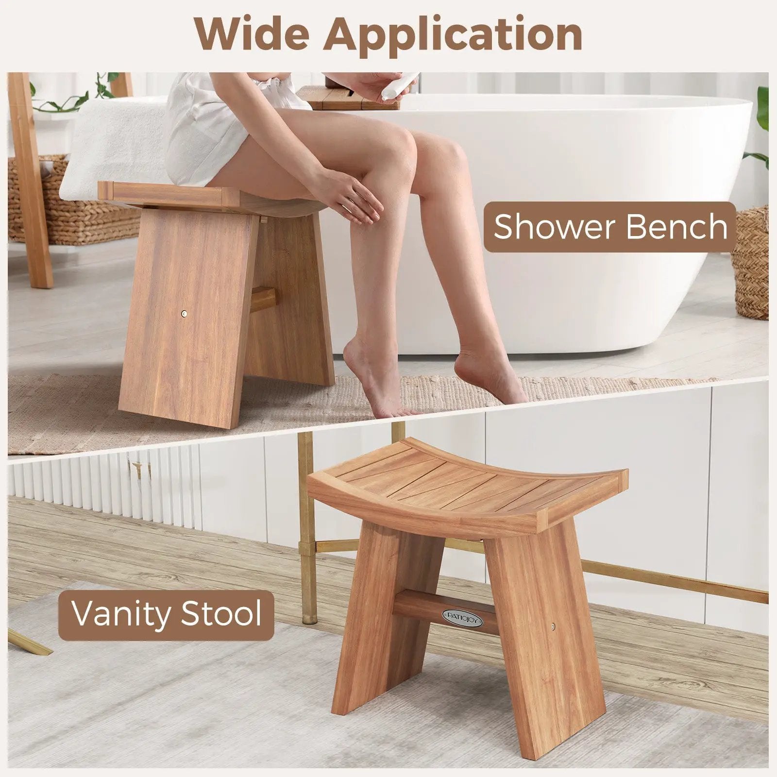 18 Inch Teak Wood Shower Bench with Curved Seat for Bathroom by DirectDeals