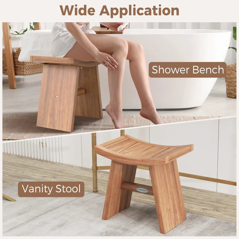 18 Inch Teak Wood Shower Bench with Curved Seat for Bathroom by DirectDeals