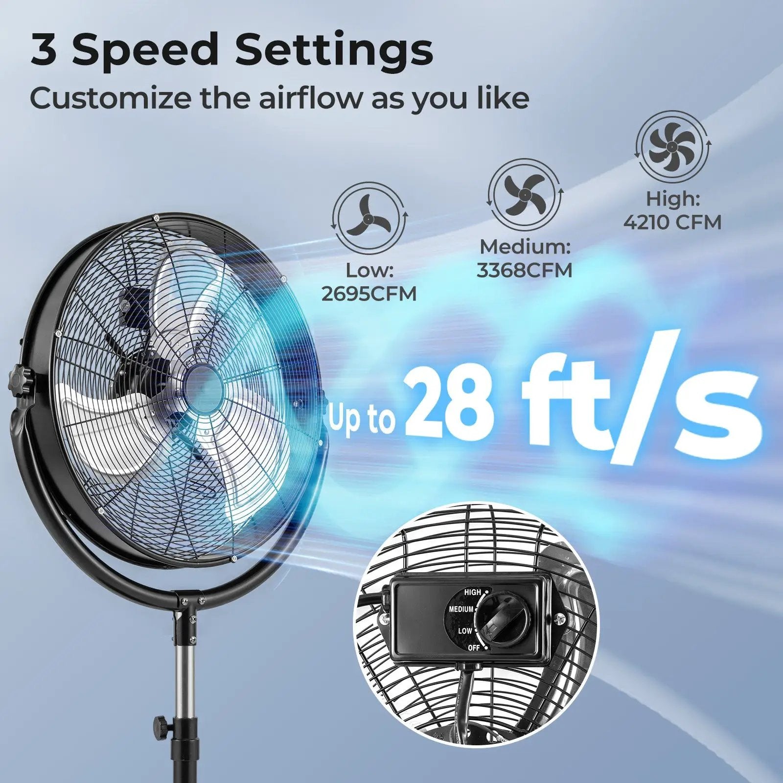 20 Inches High Velocity Pedestal Fan with 3 Speeds and Adjustable Height-Black by DirectDeals