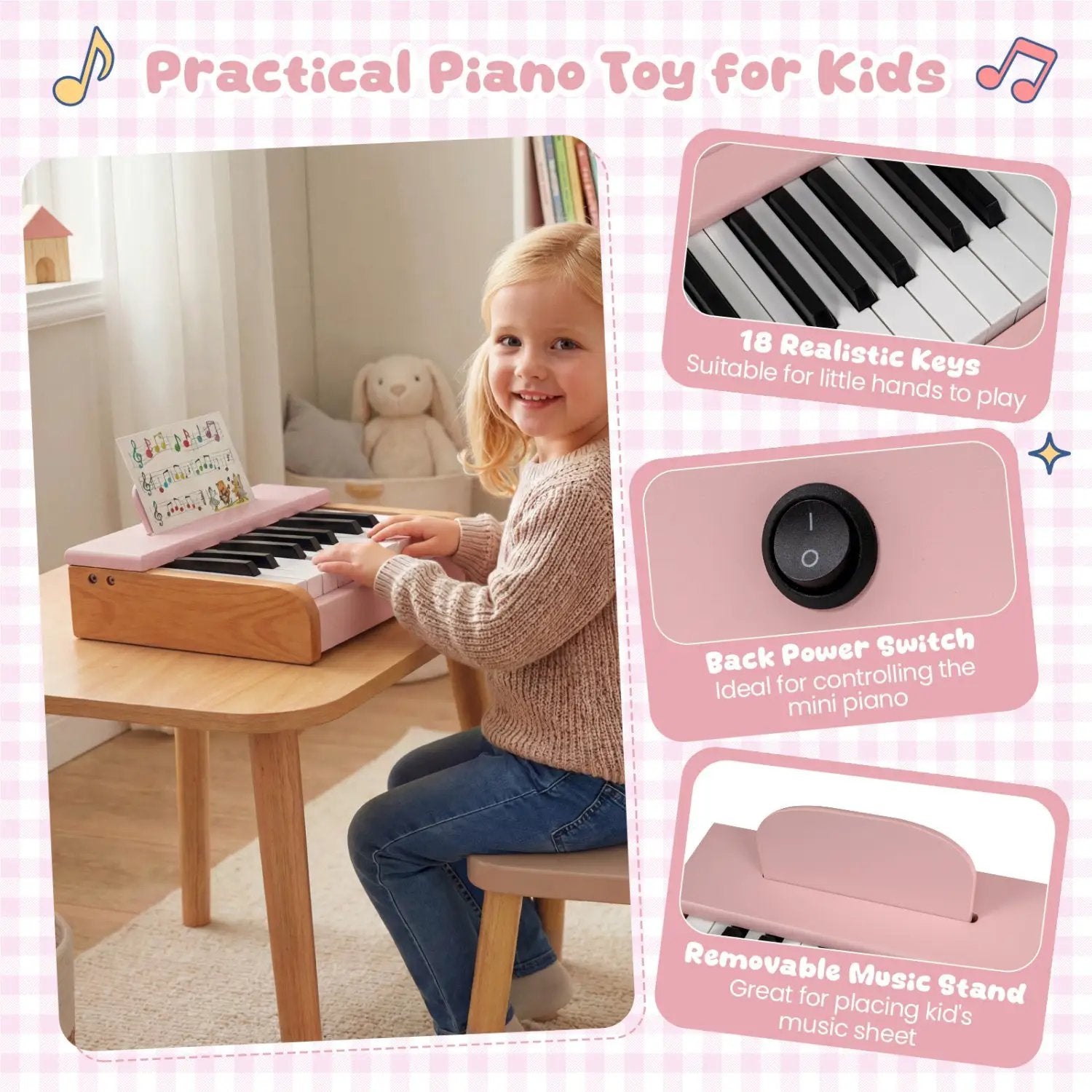 18-Key Wooden Piano for Kids with Music Stand by DirectDeals