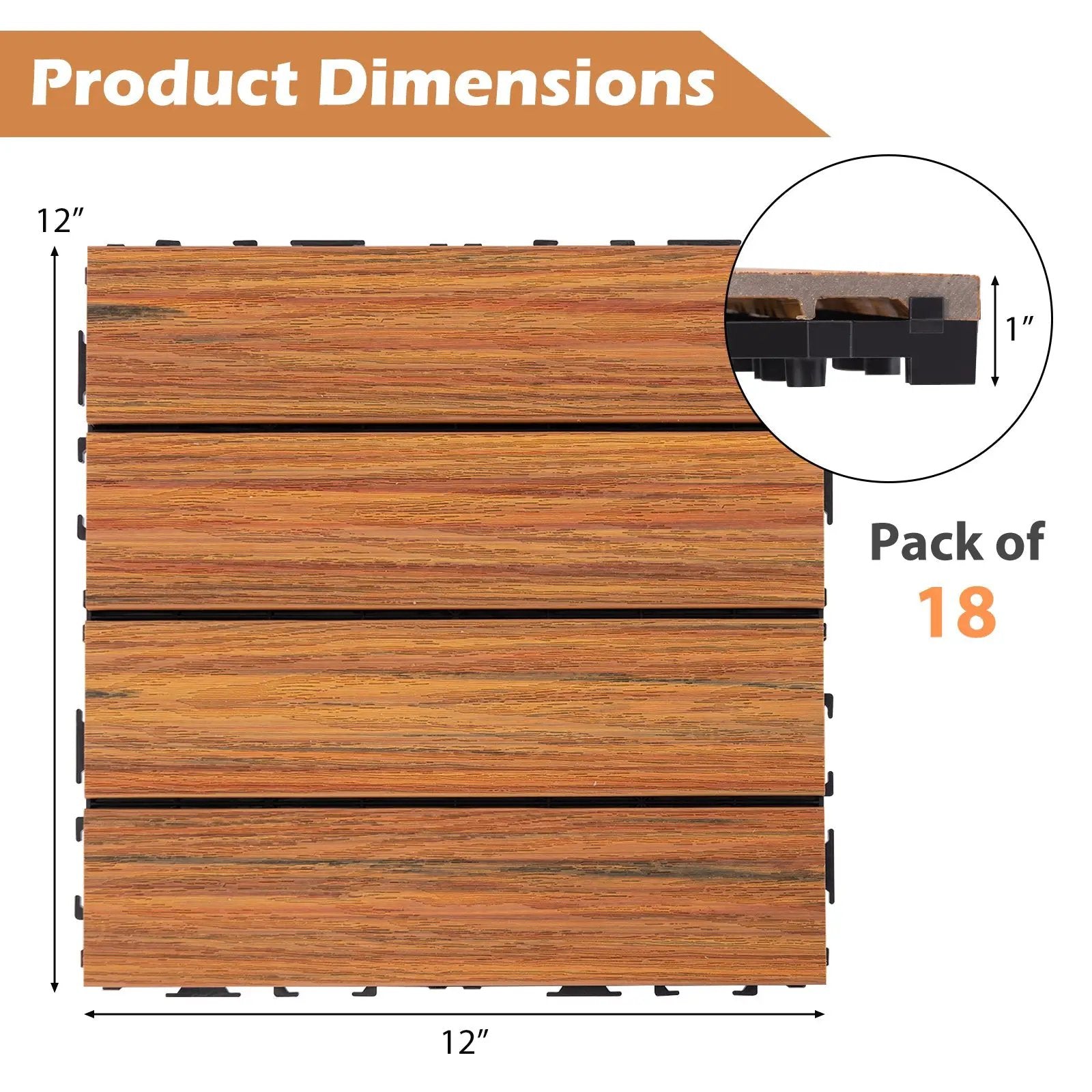 18 Pieces 12 x 12 Inch Interlocking Deck Tiles for 1.7„é° Total Splicing Area-Brown by DirectDeals
