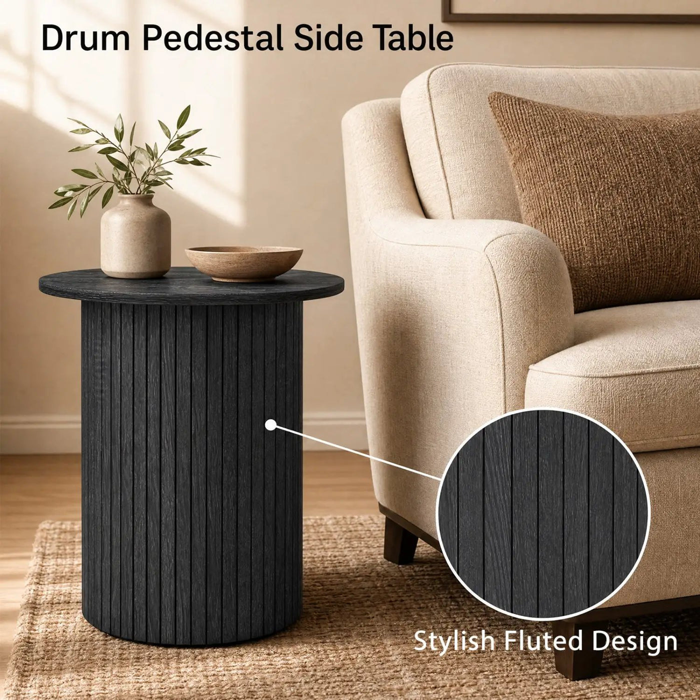 18" Round Fluted Side Table with Pedestal Drum Base by DirectDeals