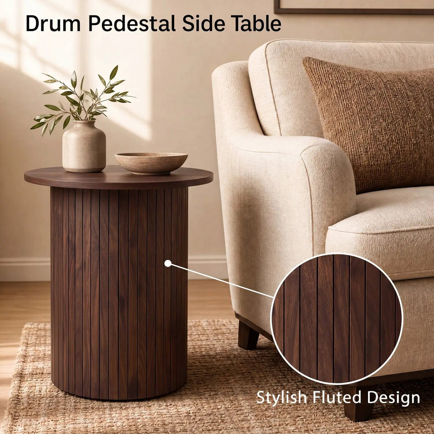 18" Round Fluted Side Table with Pedestal Drum Base by DirectDeals